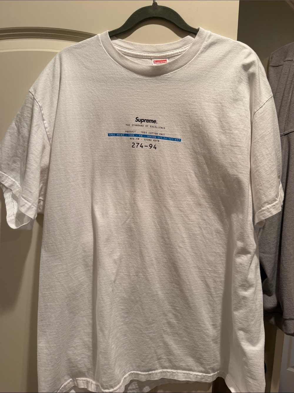 Supreme White Tee with Small Blue Center Graphic Text